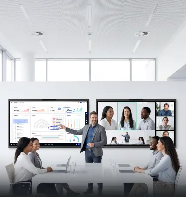 People standing in front of NearHub touch screen interactive smart board for meeting rooms