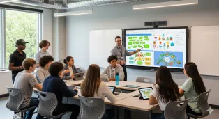  A modern boarding school classroom featuring teenagers collaborating on a NearHub 4K interactive smart board with their teacher.