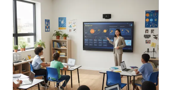 a teacher has class with the interactive flat panel