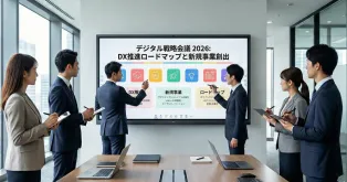 インタラクティブホワイトボードで会議をしている会社員たち