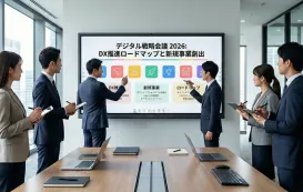 インタラクティブホワイトボードで会議をしている会社員たち