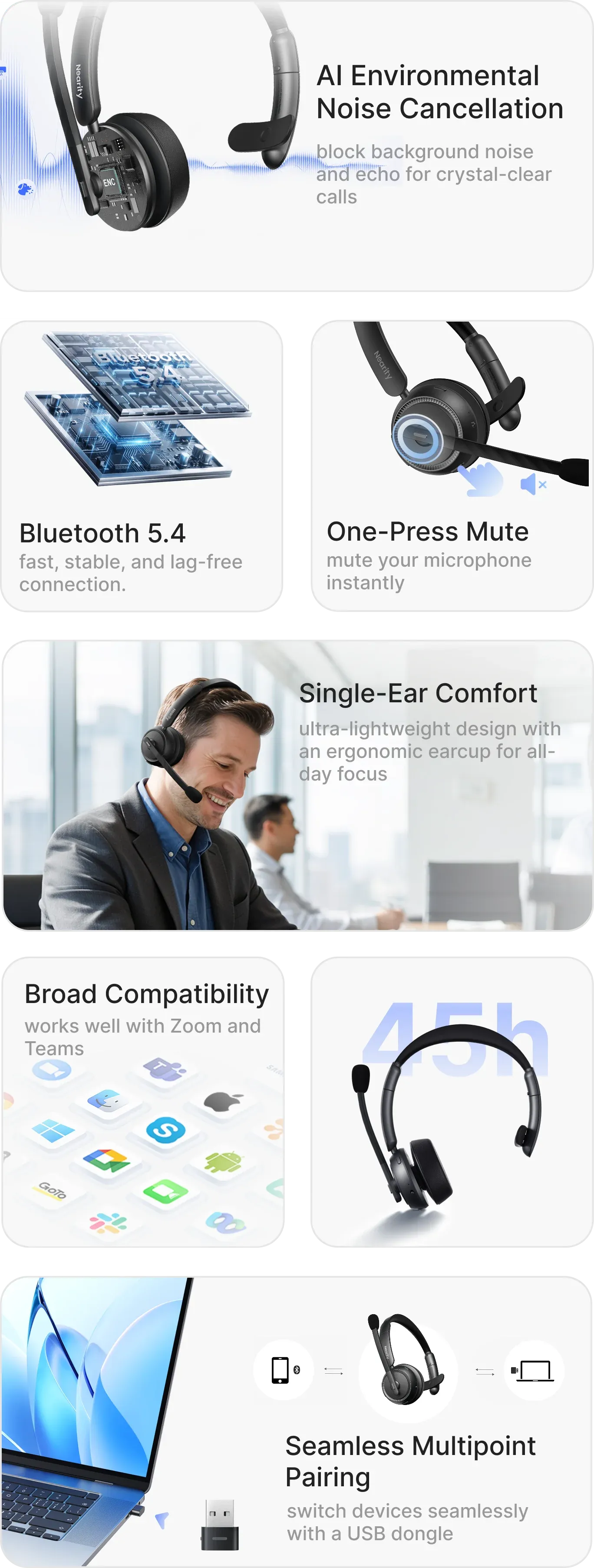 Complete infographic of a single ear bluetooth headset engineered for office collaboration, showcasing a wireless headphone with noise cancelling microphone, 45h battery life, and a wireless headset with usb dongle for PC.