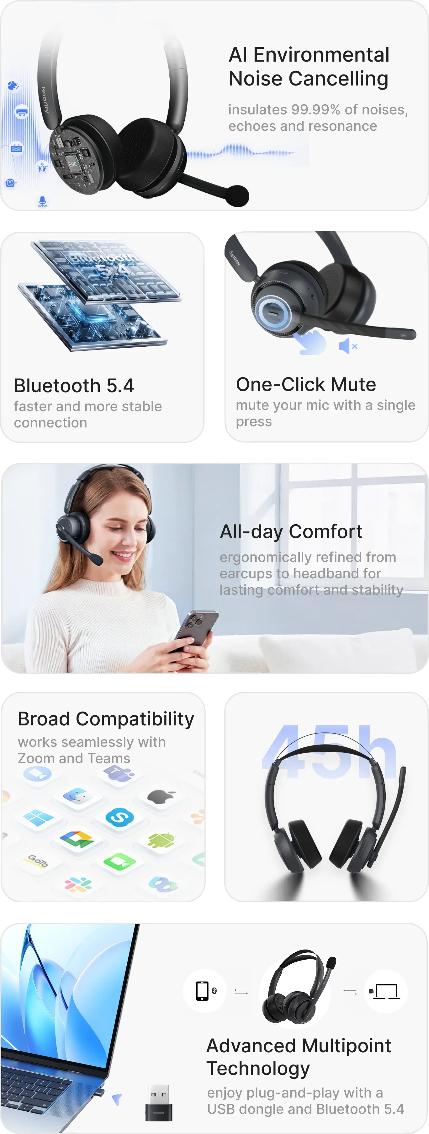 Comprehensive feature guide for an over ear wireless headset showcasing AI environmental noise cancelling, Bluetooth 5.4, and 45h battery life. Designed as a wireless headphone with noise cancelling mic, it offers all-day comfort and broad compatibility with Zoom and Teams, making it the perfect noise cancelling headphone for work from home and professional office use.
