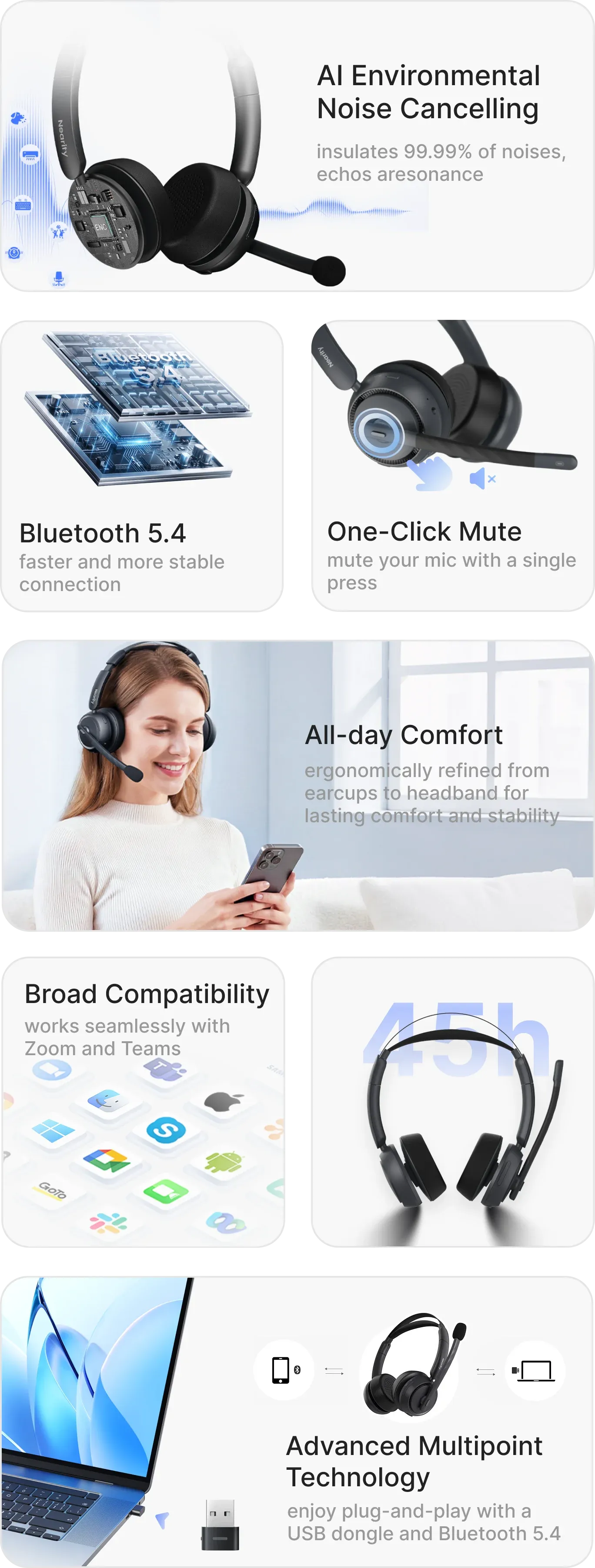 Comprehensive feature guide for an over ear wireless headset showcasing AI environmental noise cancelling, Bluetooth 5.4, and 45h battery life. Designed as a wireless headphone with noise cancelling mic, it offers all-day comfort and broad compatibility with Zoom and Teams, making it the perfect noise cancelling headphone for work from home and professional office use.