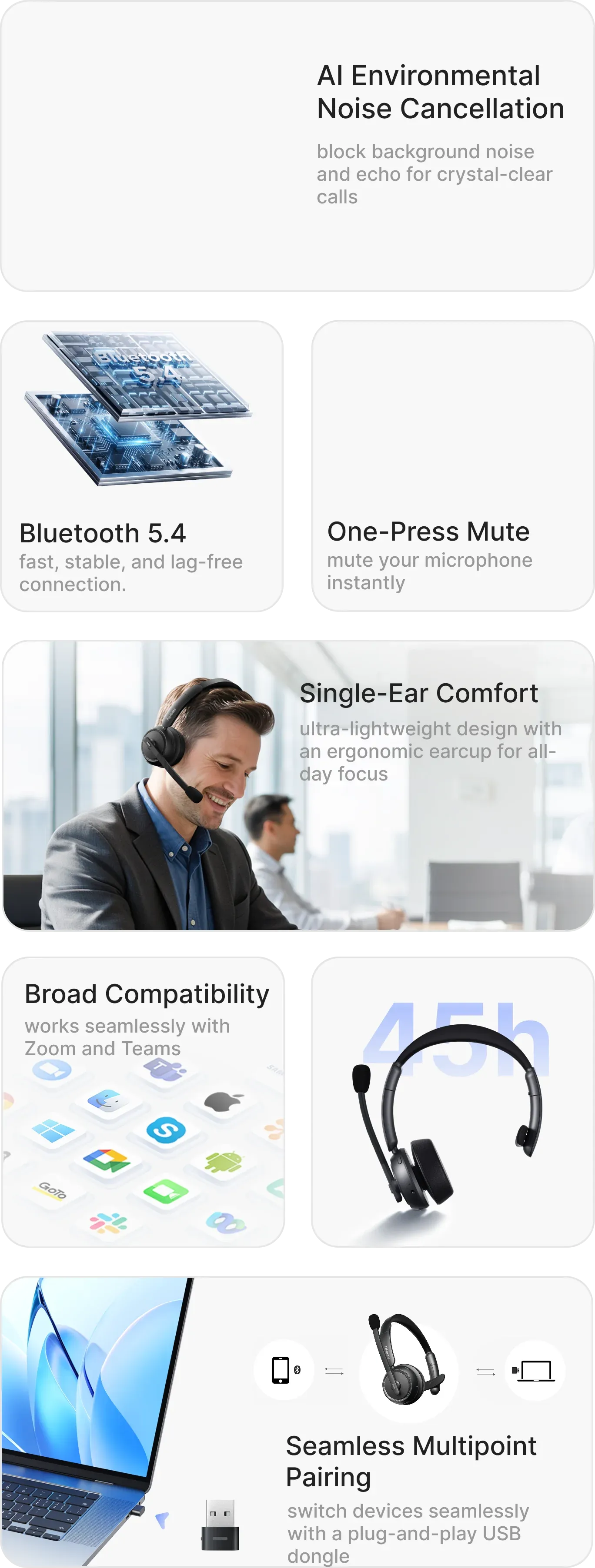 Complete infographic of a single ear bluetooth headset engineered for office collaboration, showcasing a wireless headphone with noise cancelling microphone, 45h battery life, and a wireless headset with usb dongle for PC.