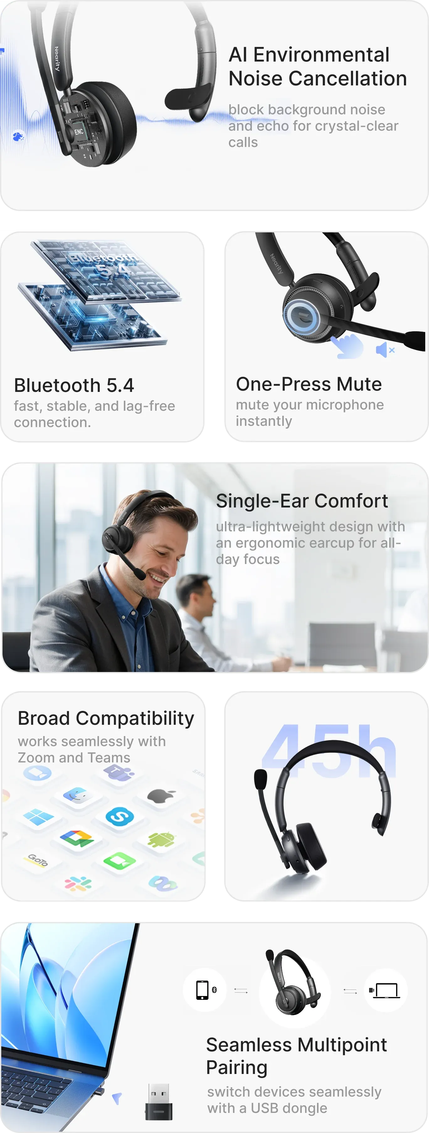 Complete infographic of a single ear bluetooth headset engineered for office collaboration, showcasing a wireless headphone with noise cancelling microphone, 45h battery life, and a wireless headset with usb dongle for PC.