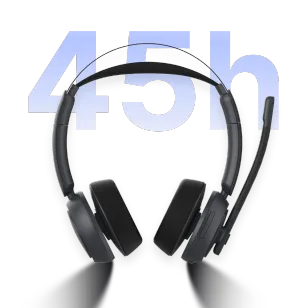 Front view of a black headset displaying 45 hours battery life, a perfect noise cancelling headphone with mic for office.