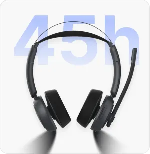Front view of a black headset displaying 45 hours battery life, a perfect noise cancelling headphone with mic for office.