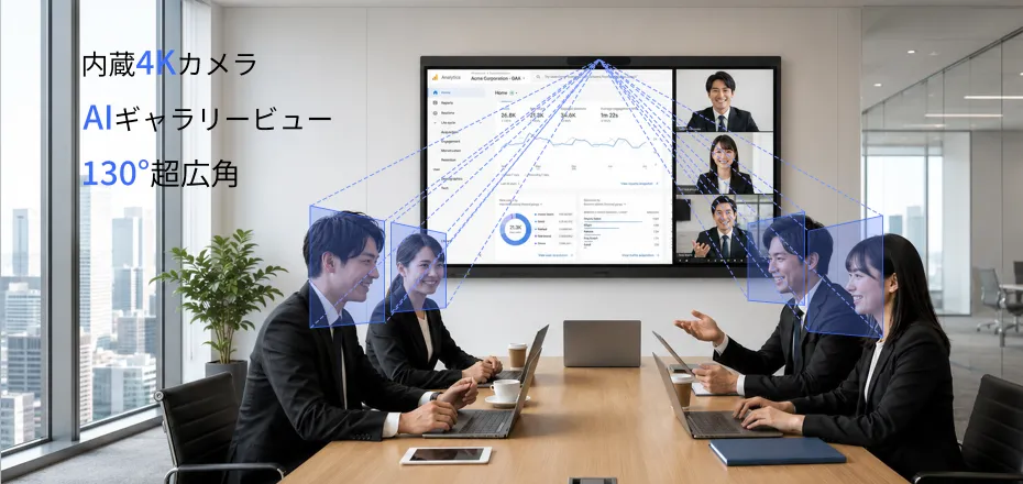 全員の顔がくっきり見える臨場感あふれるハイブリッド会議を