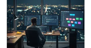 A man in a modern office working late on a part-time night job, using a Nearhub interactive smart whiteboard to plan his startup goals, with two computer monitors displaying code and a city skyline visible through the window.