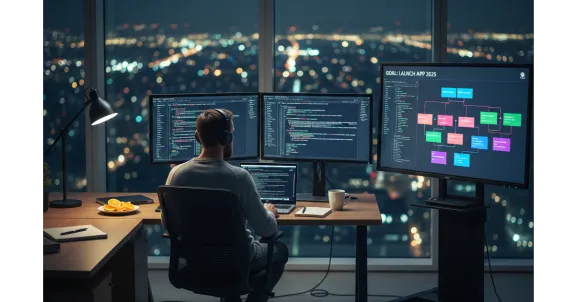 A man in a modern office working late on a part-time night job, using a Nearhub interactive smart whiteboard to plan his startup goals, with two computer monitors displaying code and a city skyline visible through the window.