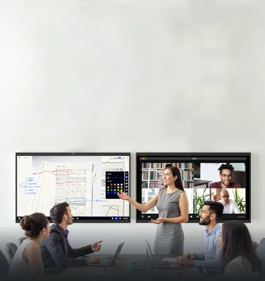 People standing in front of NearHub touch screen interactive smart board for meeting rooms