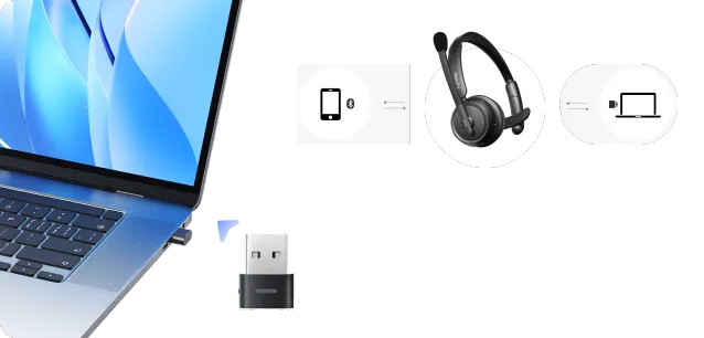 Mono bluetooth headset for pc and smartphone featuring dual device seamless multipoint connection.
