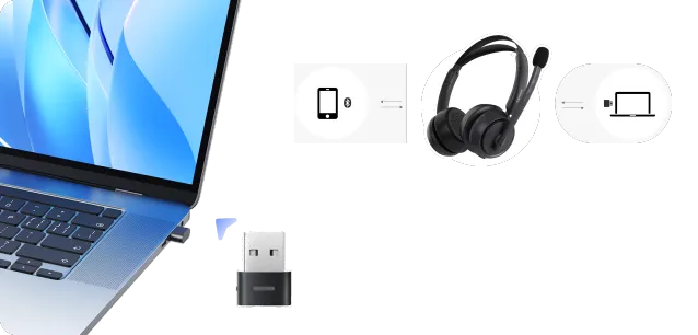 Close up of the convenient one-click mute button on a work from home headset with noise cancelling microphone.