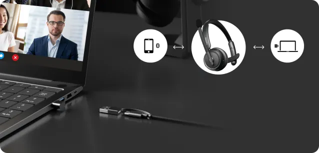 Close up of the convenient one-click mute button on a work from home headset with noise cancelling microphone.