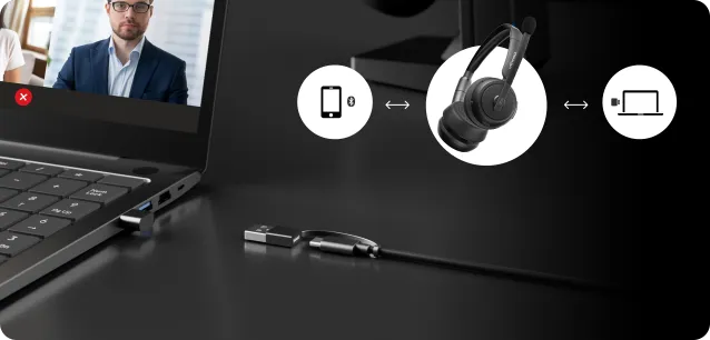 Close up of the convenient one-click mute button on a work from home headset with noise cancelling microphone.