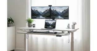 A professional NearHub electric sit and stand desk at standing height, featuring a sleek white finish and dual-motor stability in a bright, modern workspace