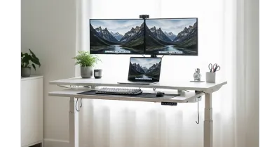A professional NearHub electric sit and stand desk at standing height, featuring a sleek white finish and dual-motor stability in a bright, modern workspace