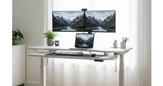 A professional NearHub electric sit and stand desk at standing height, featuring a sleek white finish and dual-motor stability in a bright, modern workspace