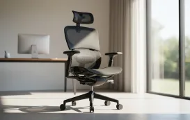Premium black NearHub EC20 mesh ergonomic office chair with high backrest and headrest specifically designed for tall people, shown in a modern sunlit home office during a huge chair clearance sale.