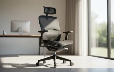 Premium black NearHub EC20 mesh ergonomic office chair with high backrest and headrest specifically designed for tall people, shown in a modern sunlit home office during a huge chair clearance sale.