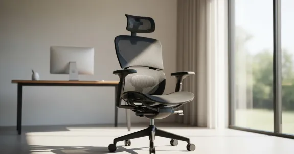 Premium black NearHub EC20 mesh ergonomic office chair with high backrest and headrest specifically designed for tall people, shown in a modern sunlit home office during a huge chair clearance sale.
