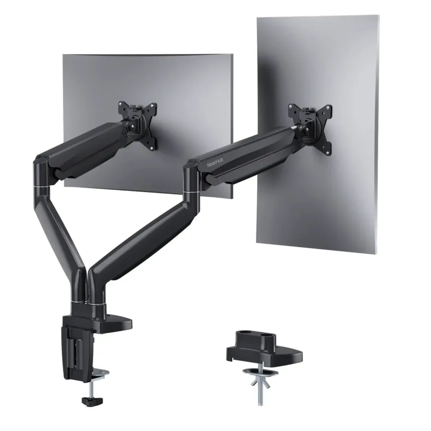 A gray double monitor desk stand