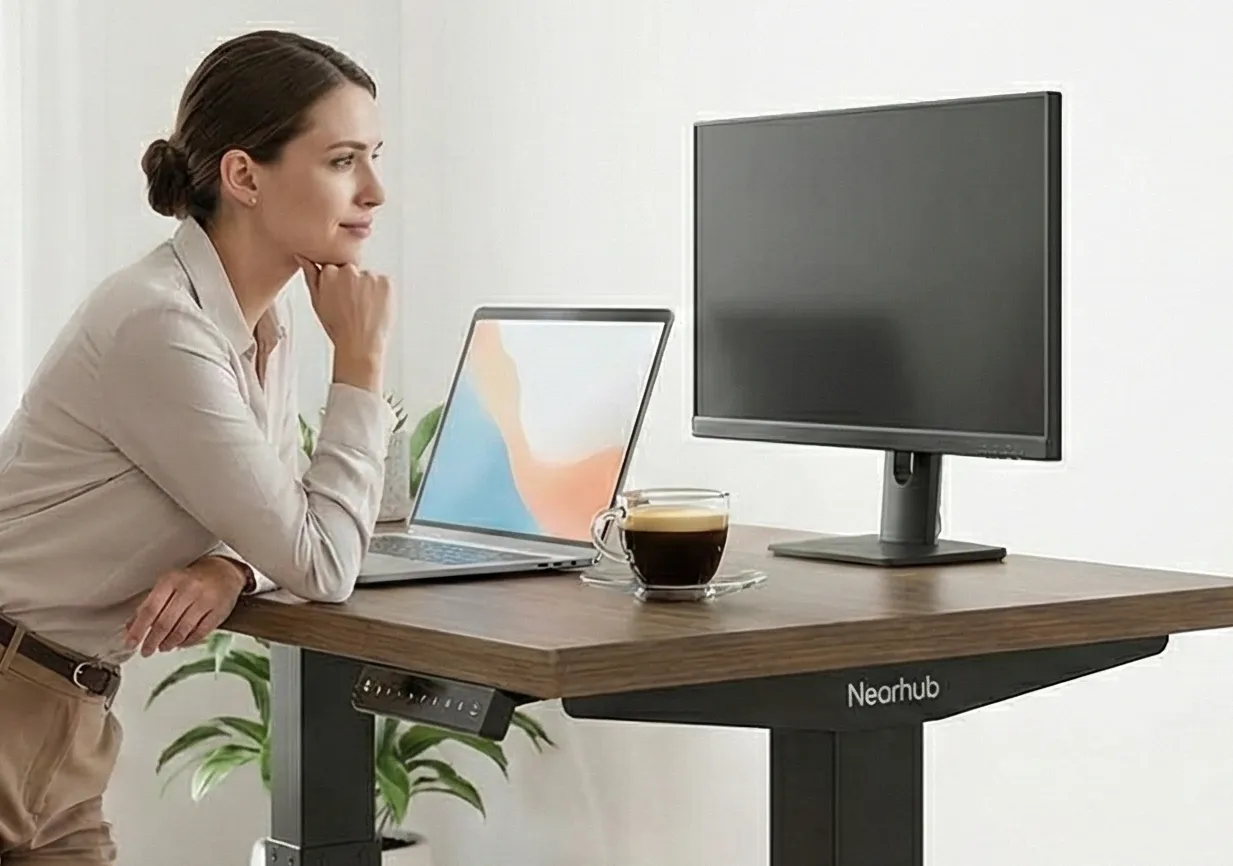A woman leaning confidently on a fully extended Nearhub electric standing desk, demonstrating its wobble-free stability at maximum height.