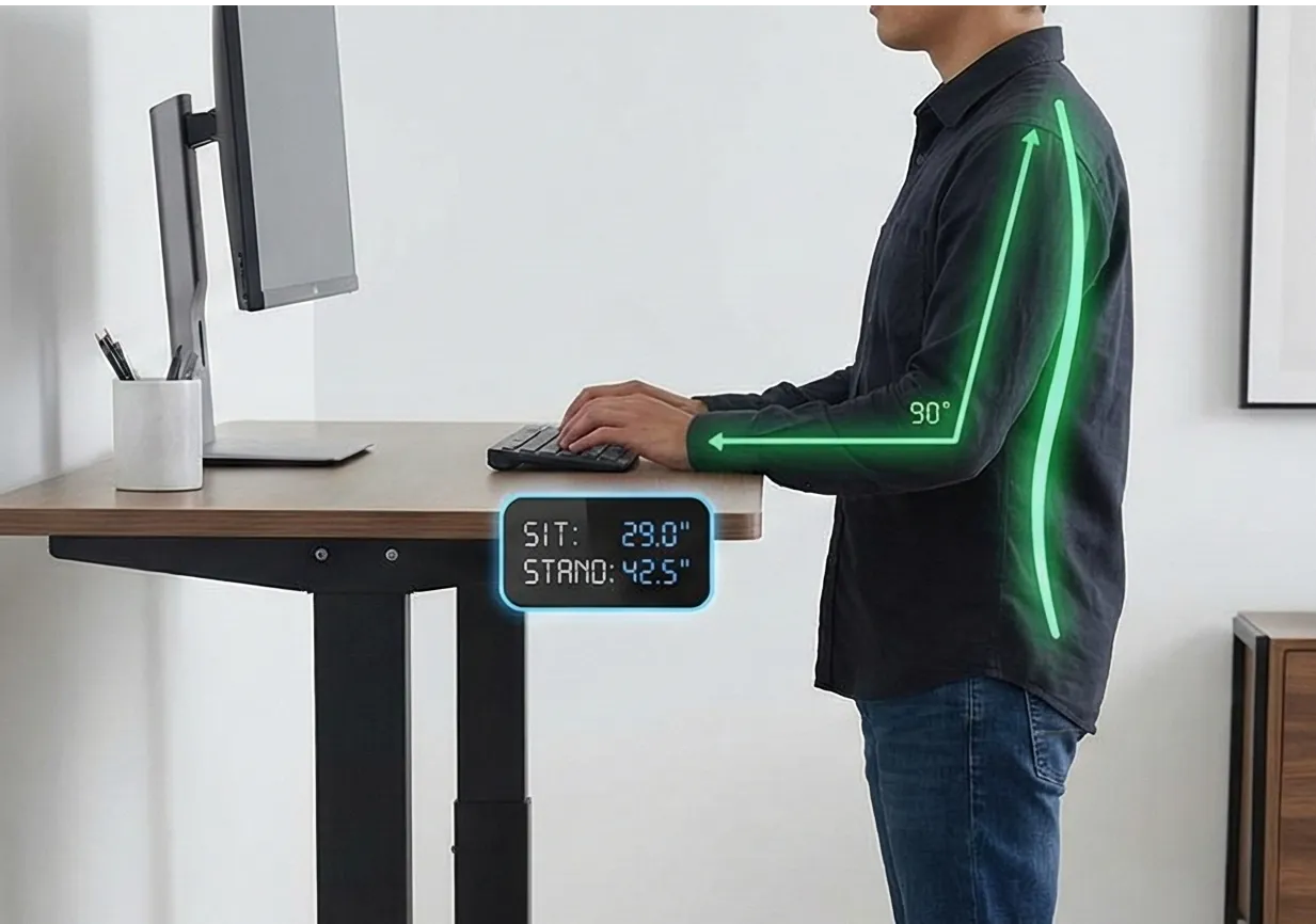 A picture demonstrating correct ergonomic posture with perfect spinal alignment while using a Nearhub electric adjustable desk in standing positions.