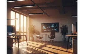 A clean office setting featuring a NearHub interactive smart whiteboard used for training employees in morning jobs