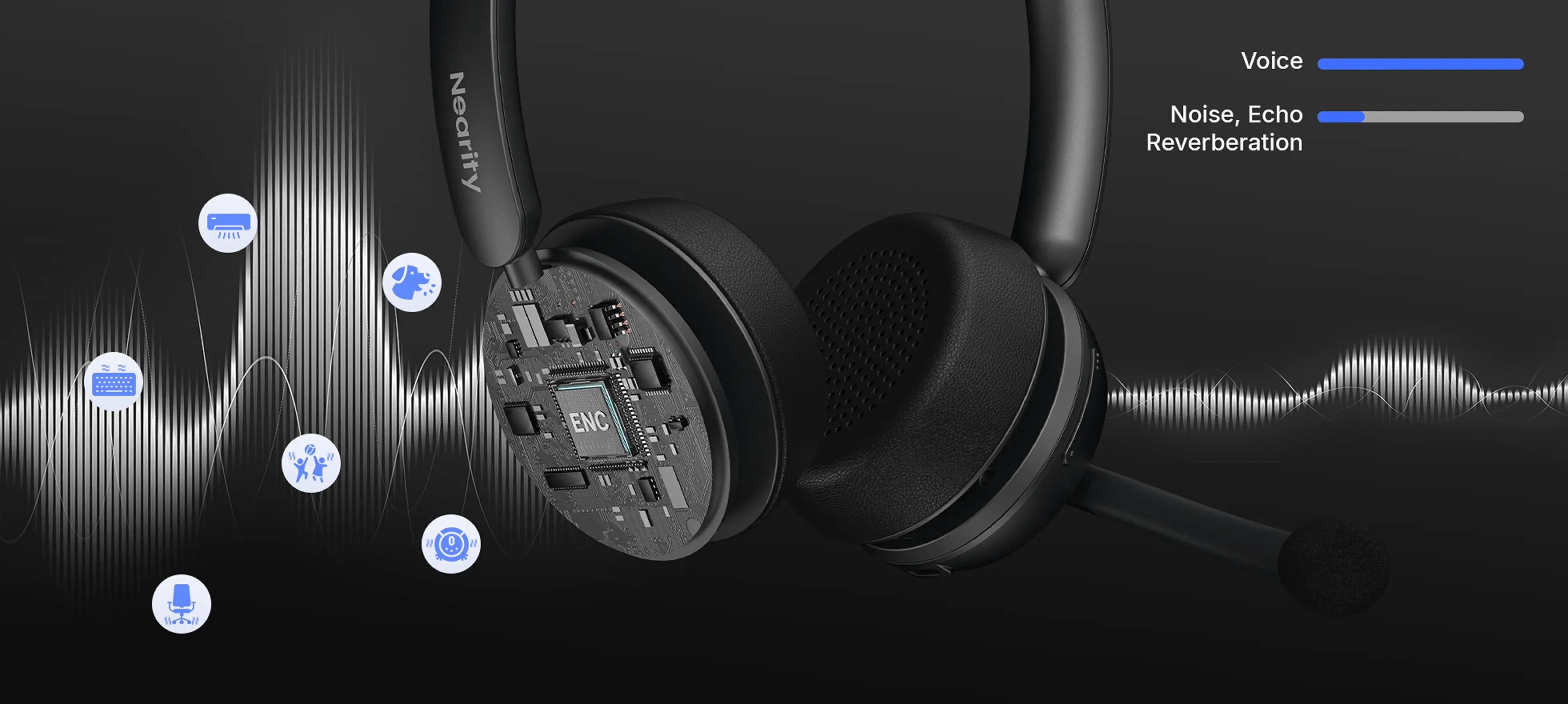 ENC audio technology filtering background noise in a noise cancelling headphone with mic for office.