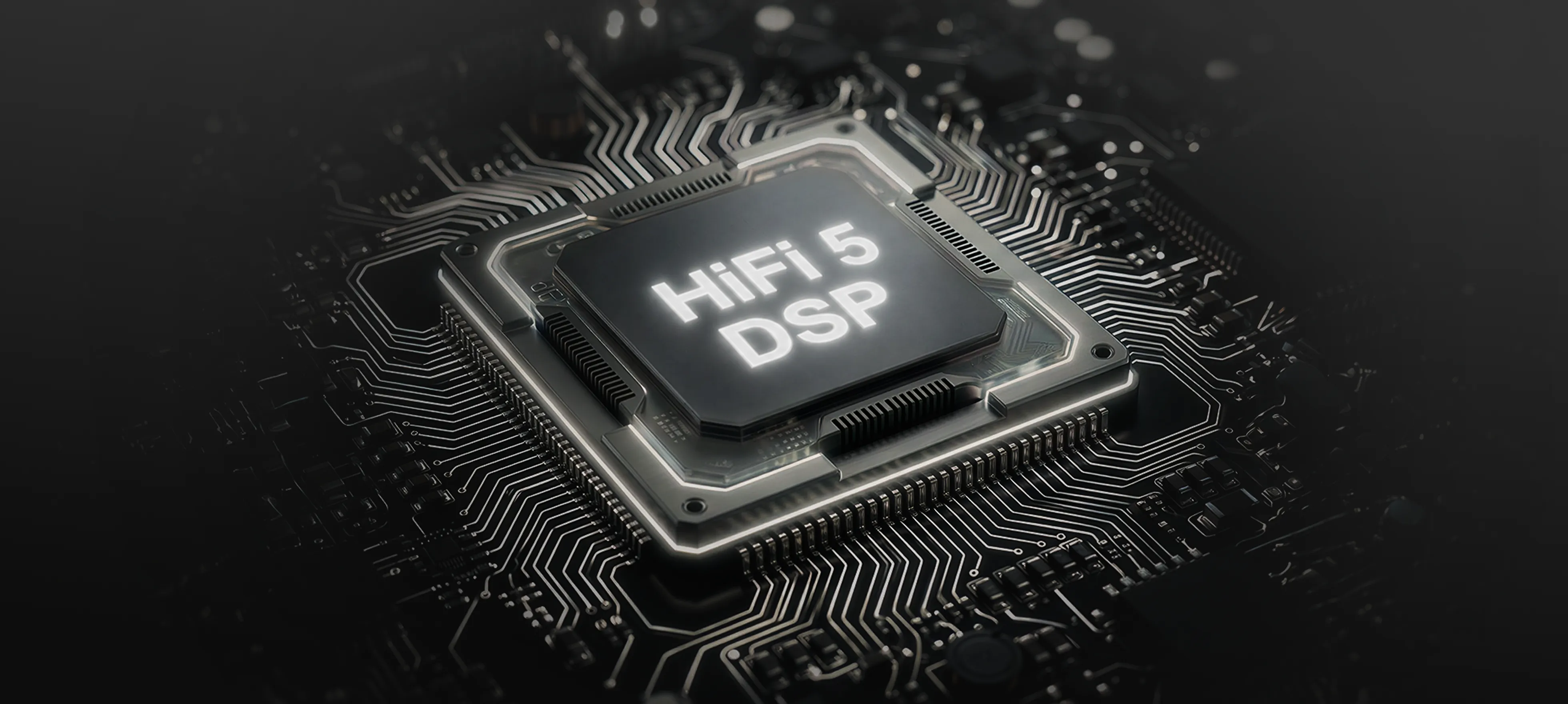 Close-up of the HiFi DSP chip inside a premium bluetooth noise cancelling headset with mic, powering AI noise reduction.