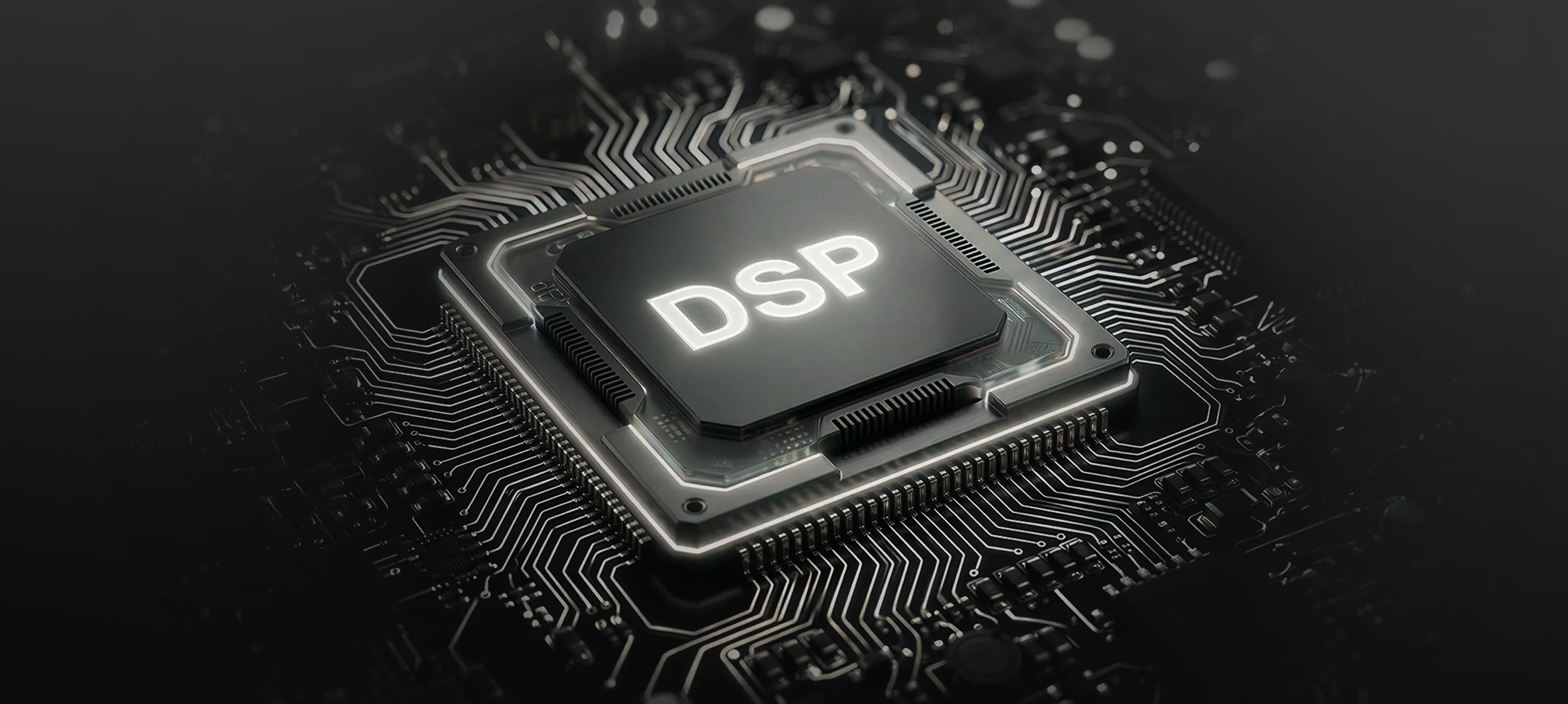 Close-up of the HiFi DSP chip inside a premium bluetooth noise cancelling headset with mic, powering AI noise reduction.