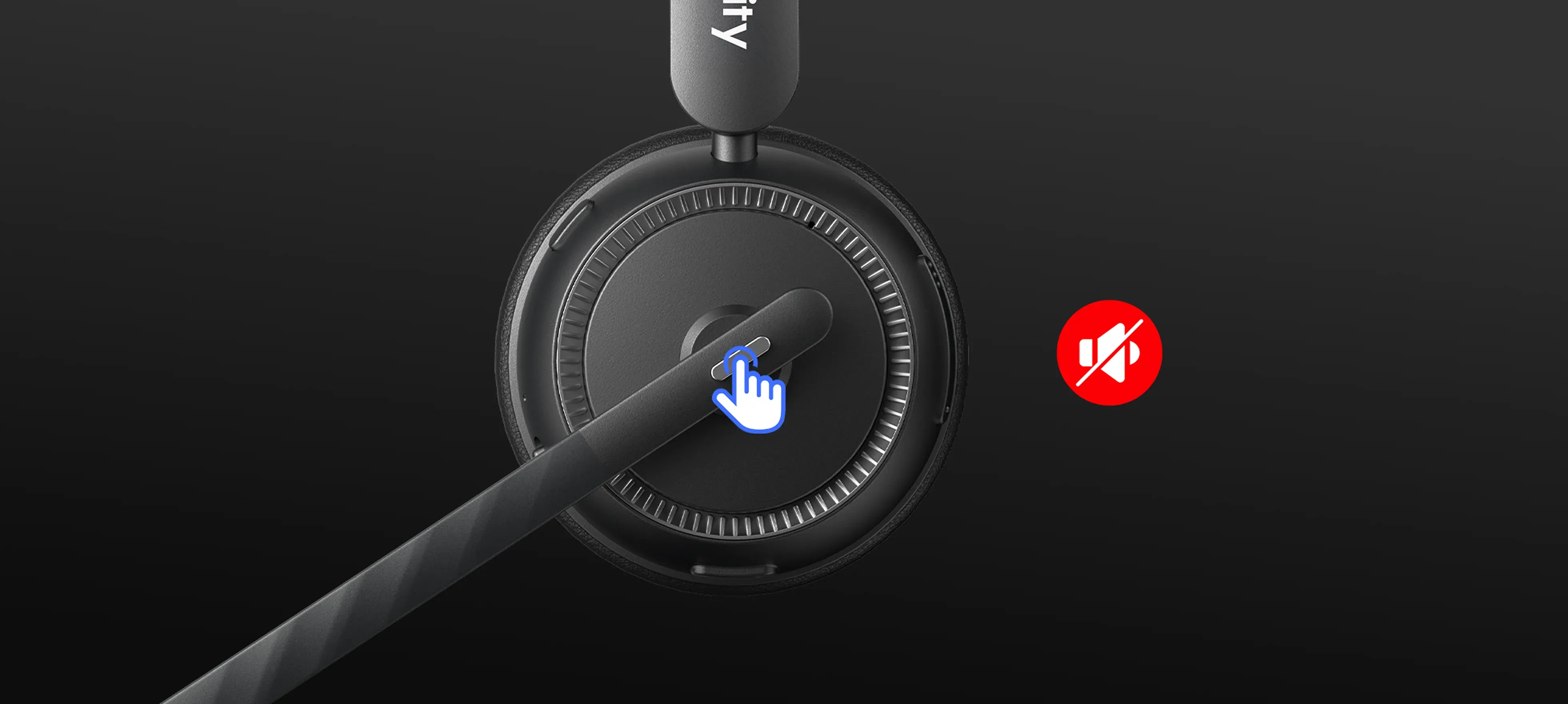 One-click mute button on the boom arm of a wireless headset with mic for work.
