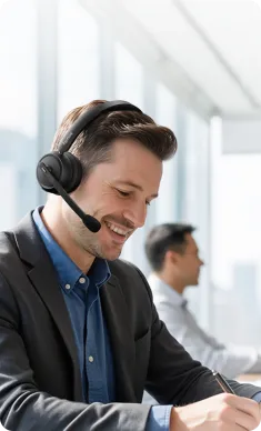 Single ear bluetooth headset worn by a businessman for all-day comfort in an office setting.