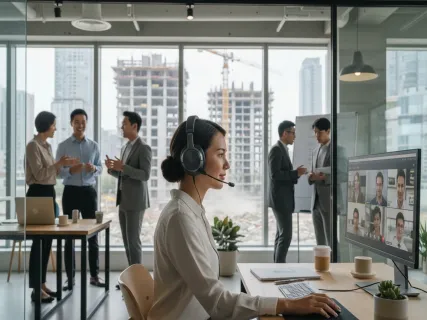 Professional woman wearing noise-cancelling headset with boom microphone during video call in busy open-plan office with construction visible through window