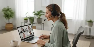 Professional woman wearing wireless headset with boom microphone during Zoom video call in bright home office