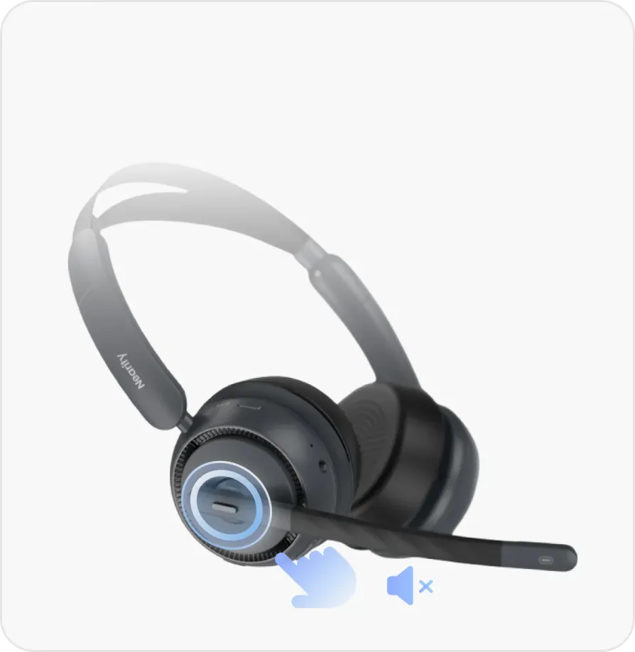 Close up of the convenient one-click mute button on a work from home headset with noise cancelling microphone.