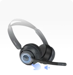 Close up of the convenient one-click mute button on a work from home headset with noise cancelling microphone.
