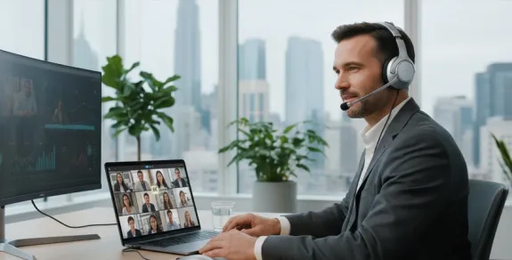 Confident professional man wearing over-ear wireless headset with boom microphone during video conference call at modern office desk