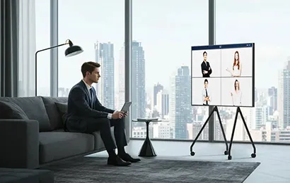 Person nutzt 65 zoll monitor im Meetingraum