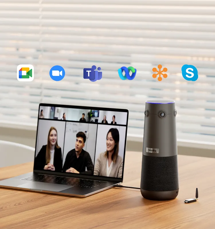 Man in a bright office environment enjoying clear audio with a wireless headset with mic for work, powered by AI noise cancellation.