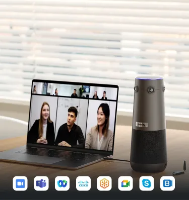 People standing in front of Nearity 360° Alien conference video call equipment for meeting rooms