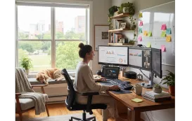 A modern, bright, and organized home office environment that exemplifies a productive remote work lifestyle.