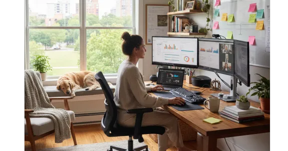 A modern, bright, and organized home office environment that exemplifies a productive remote work lifestyle.