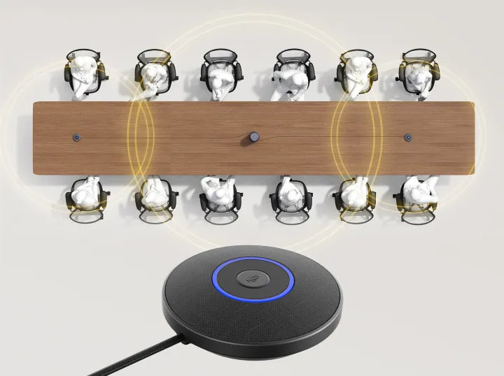 Scalable audio setup for large conference rooms showing the 360 meeting hub daisy-chained with expansion microphones for up to 52ft voice pickup.