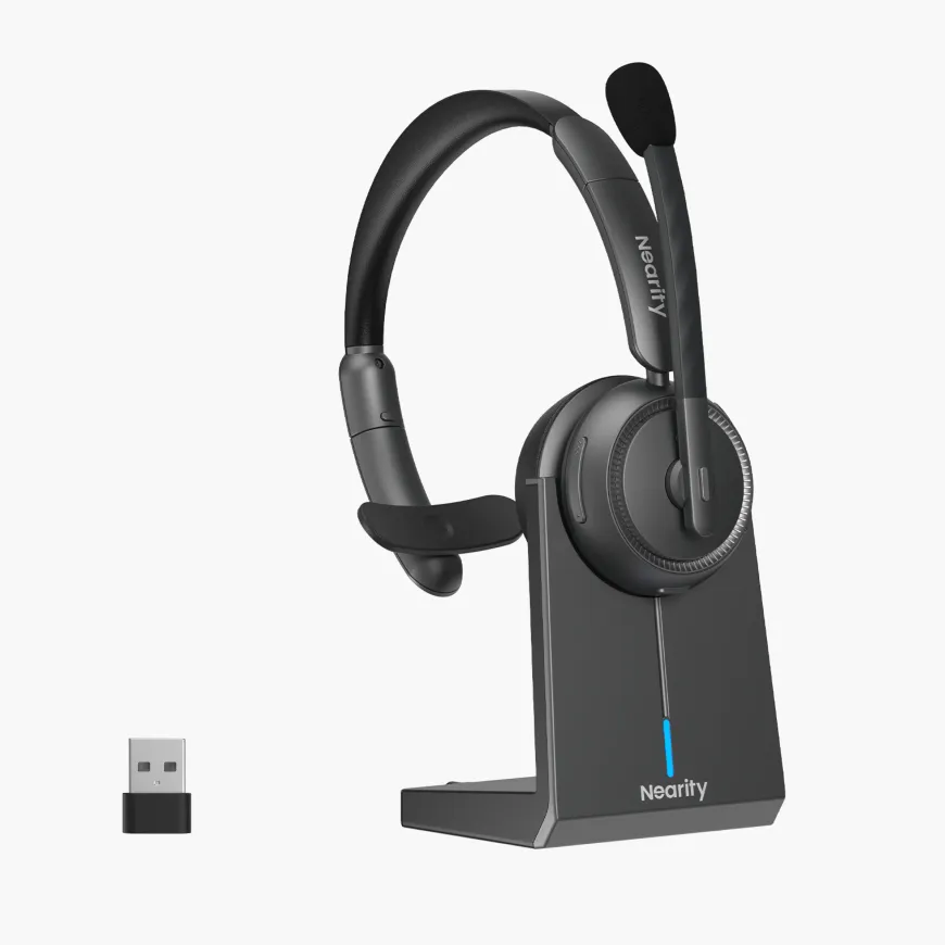 Single ear bluetooth headset with adjustable noise cancelling microphone for office business.