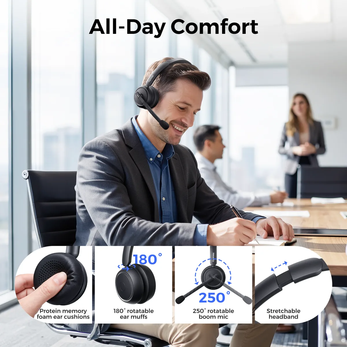 Lightweight wireless one ear headset featuring an ergonomic design and comfortable ear cushion.