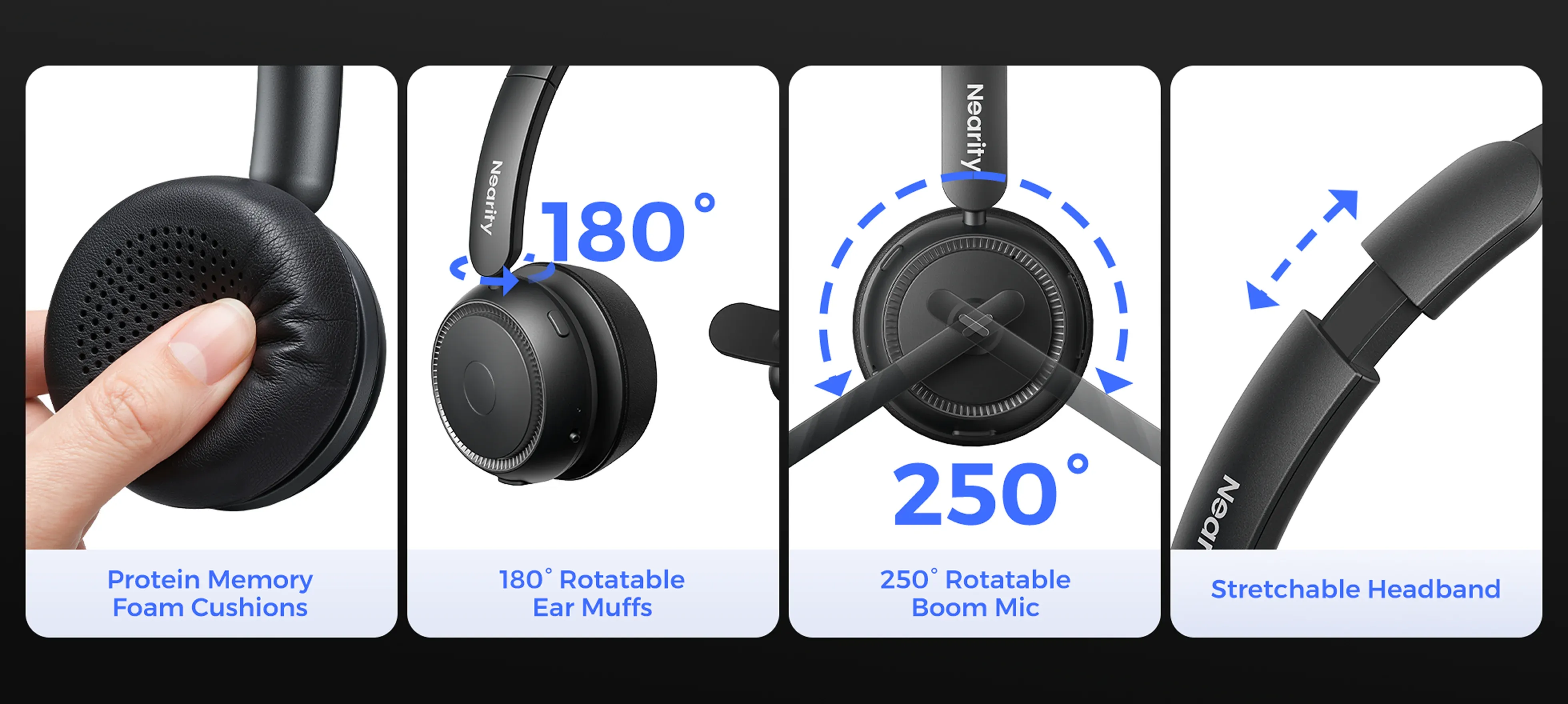 Premium hardware details of a single ear headphone with mic, showcasing protein memory foam cushions, 180-degree rotatable ear muffs, and a wireless headphone with noise cancelling microphone on a 250-degree boom mic.