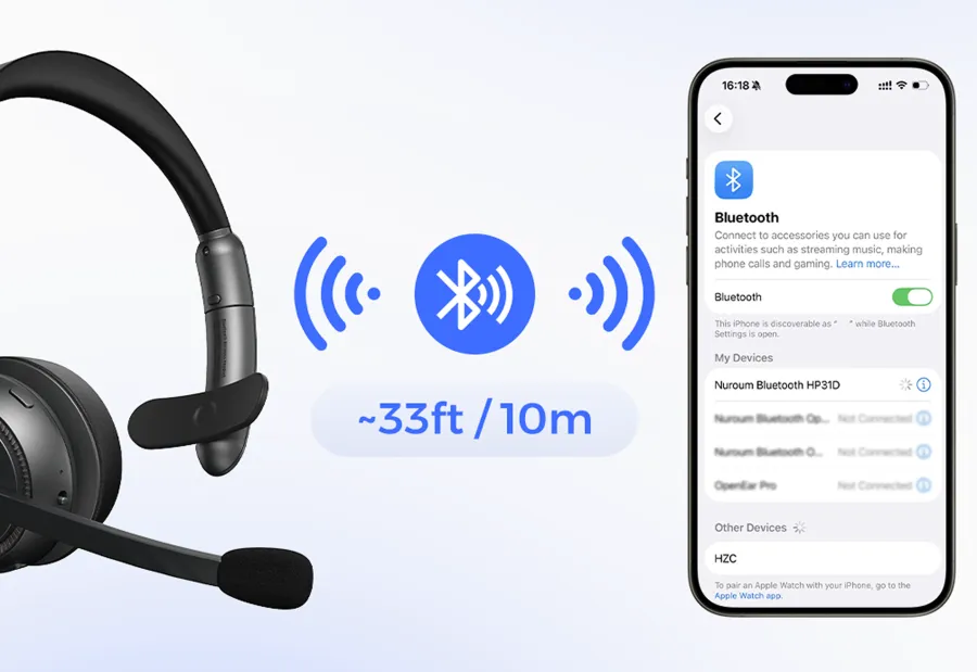 Wireless range illustration of a single ear bluetooth headset showing a stable 33ft or 10m connection to a phone as a wireless headphone with noise cancelling microphone.